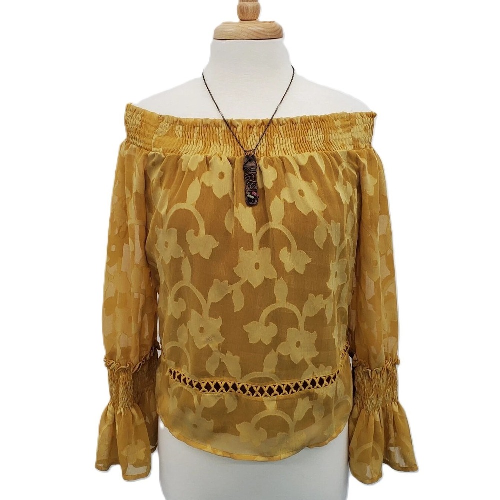 Willow & Clay Womens M Mustard Floral Sheer Lined Off Shoulder Peasant‎ Blouse